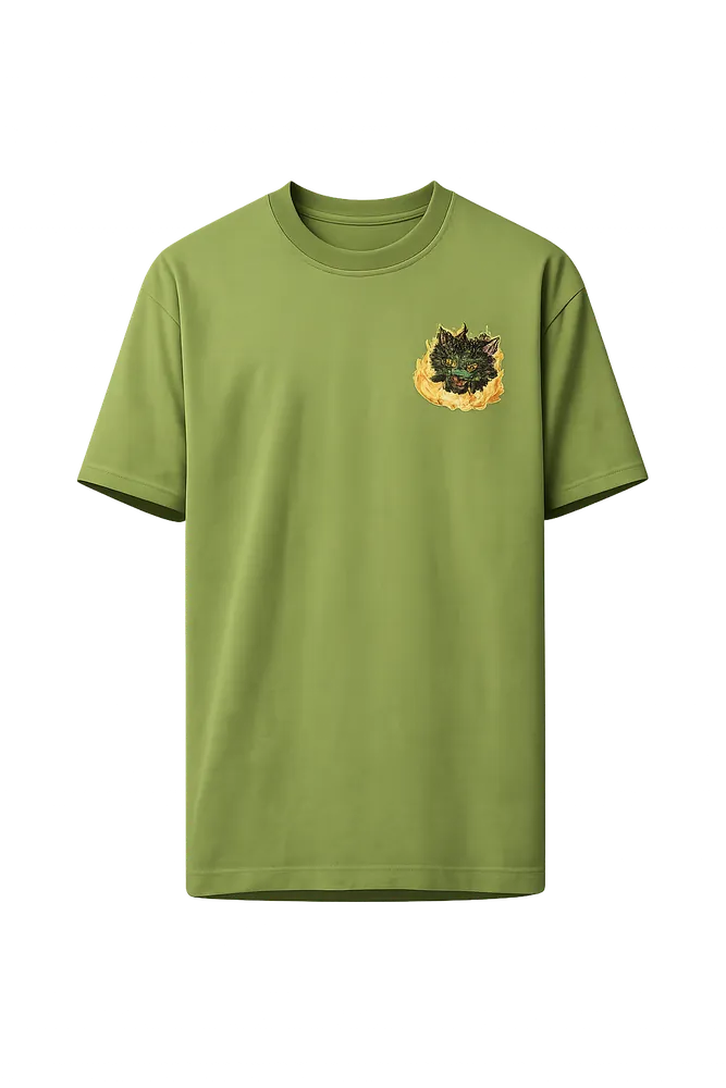 Olive green t-shirt with a small chest graphic — AI flat render from thryd's try-on pipeline.