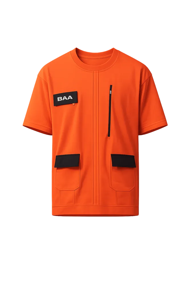 Orange utility-style t-shirt with pocket detailing — AI flat render from thryd's try-on pipeline.