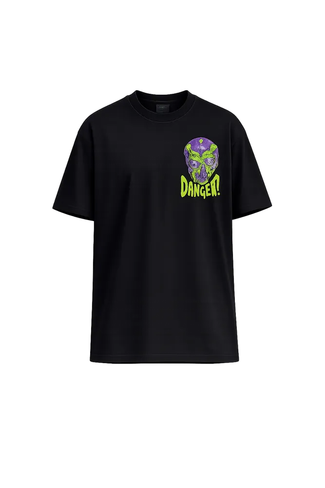 Black graphic t-shirt with a skull print — AI flat render from thryd's try-on pipeline.