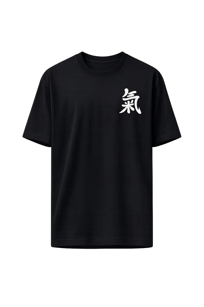 Black t-shirt with a minimal chest print — AI flat render from thryd's try-on pipeline.