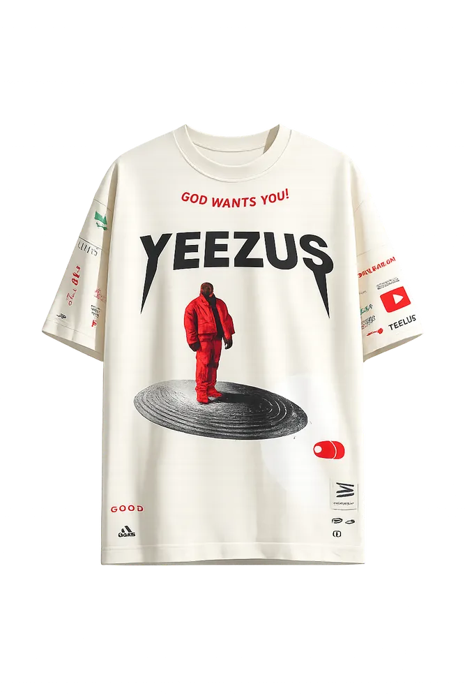 Off-white graphic t-shirt with a bold front print — AI flat render from thryd's try-on pipeline.