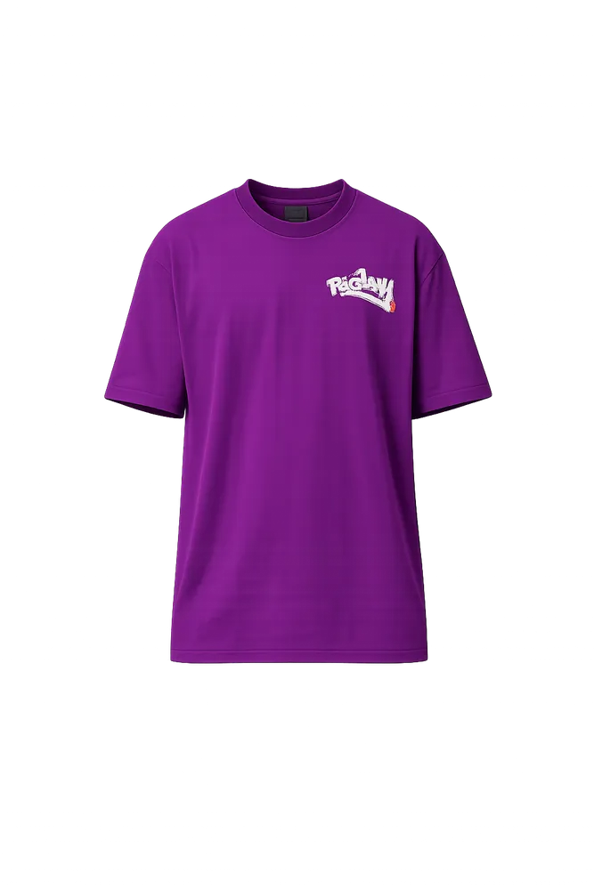 Purple graphic t-shirt — AI flat render from thryd's try-on pipeline.