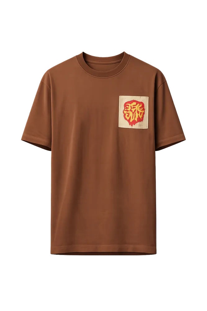 Brown t-shirt with a patch-style chest print — AI flat render from thryd's try-on pipeline.