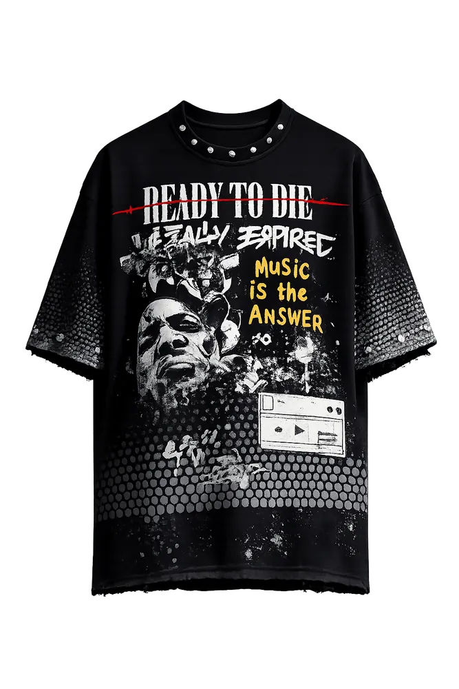 Black graphic t-shirt with a full front print — AI flat render from thryd's try-on pipeline.
